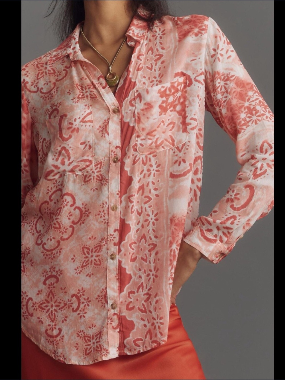 Pilcro  Romy  Relaxed Coral Patterned Button-Down Shirt